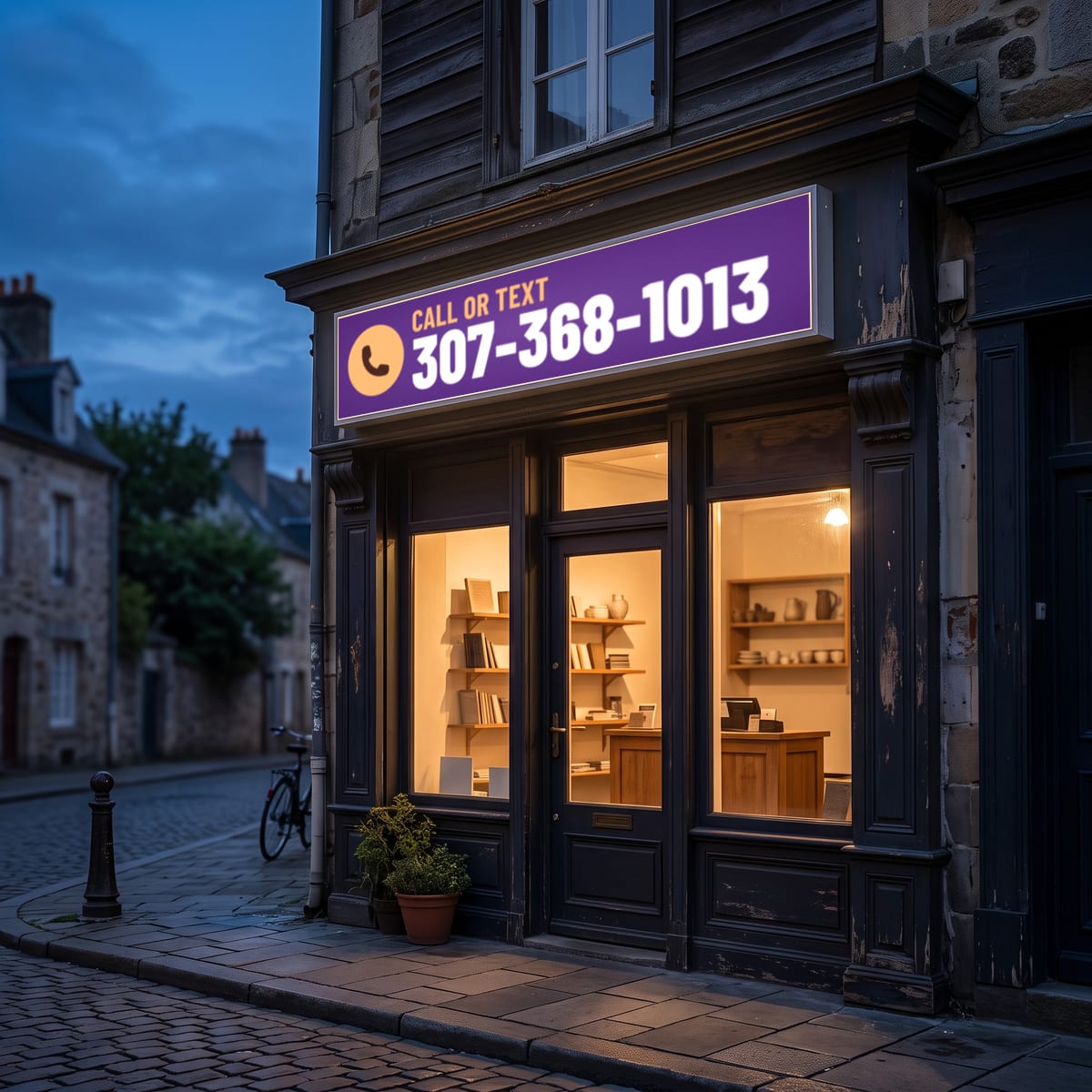 (307) 368-1013 on a lit shop sign