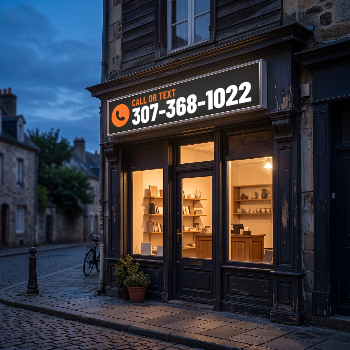 (307) 368-1022 on a lit shop sign