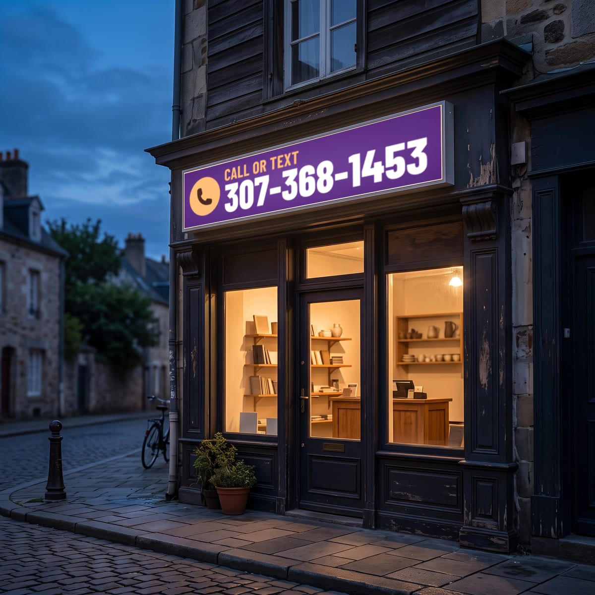 (307) 368-1453 on a lit shop sign