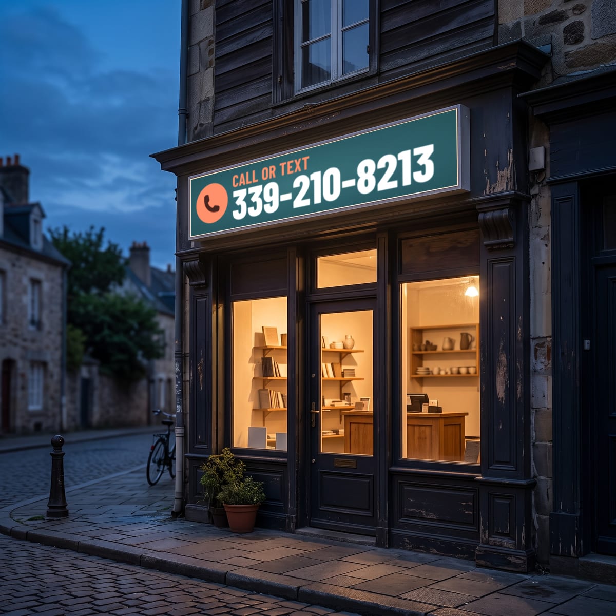 (339) 210-8213 on a lit shop sign