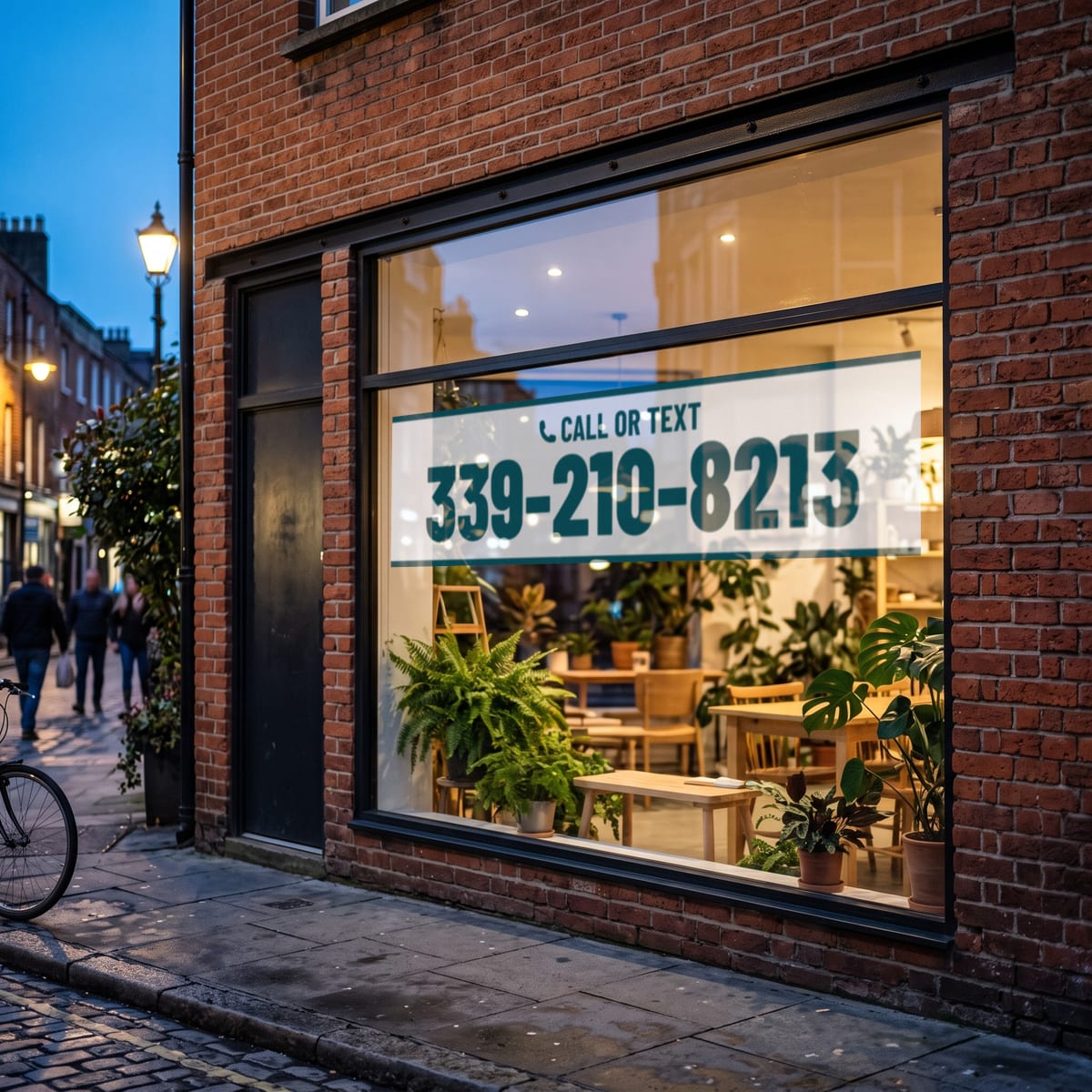 (339) 210-8213 on a shop window