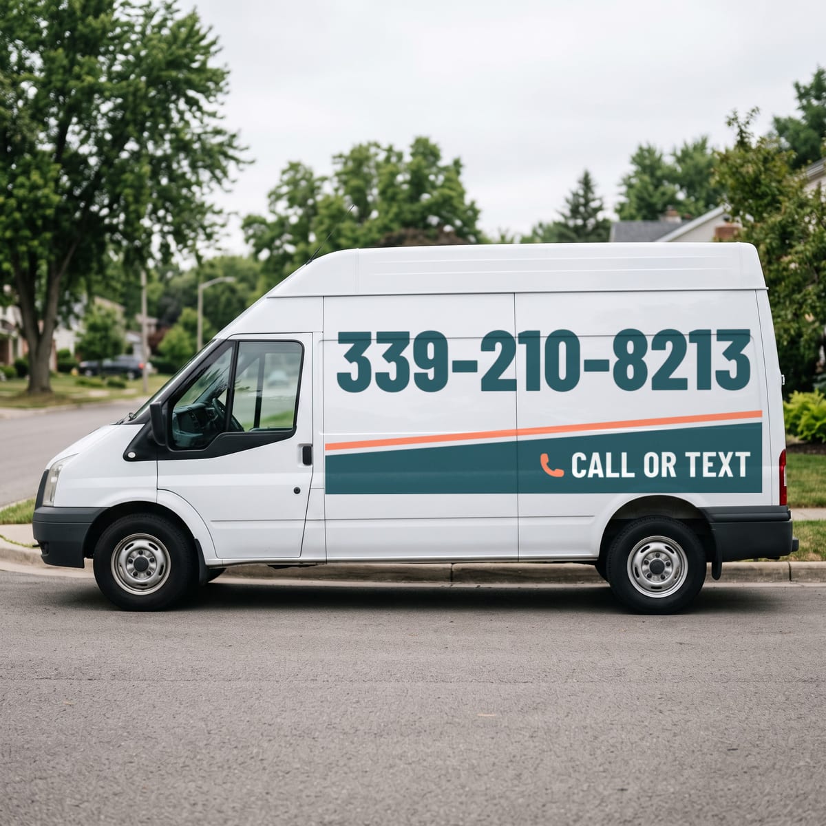(339) 210-8213 painted on a work van