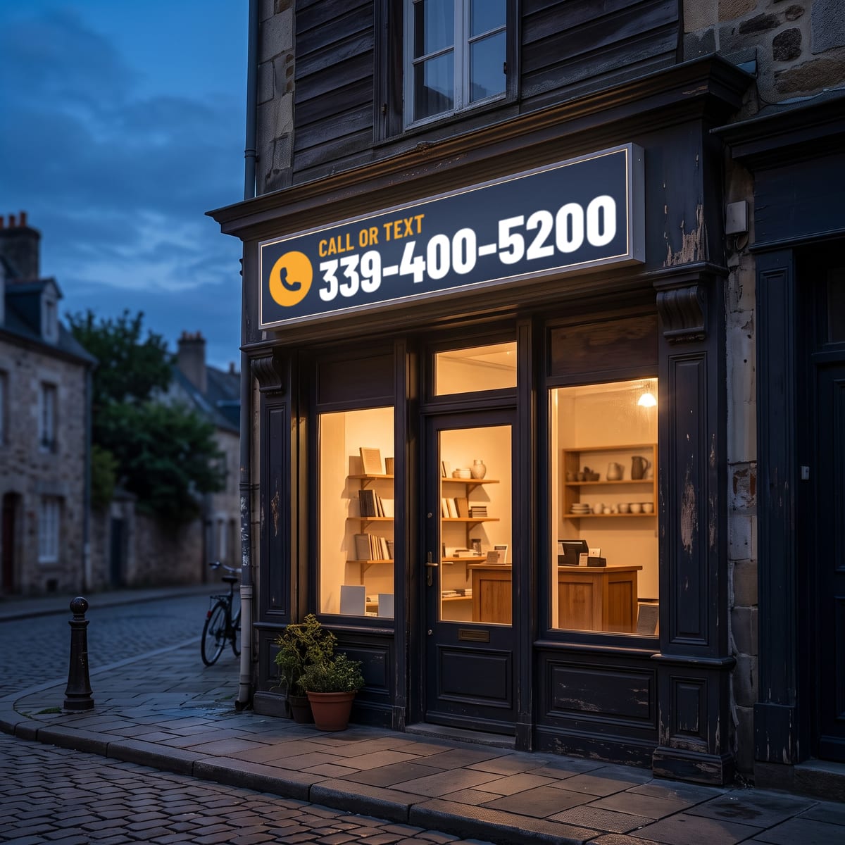(339) 400-5200 on a lit shop sign