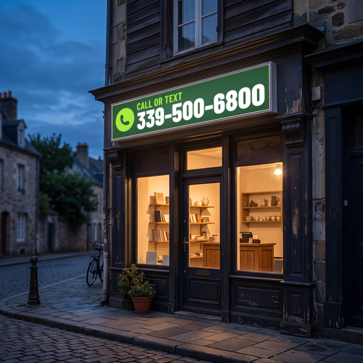 (339) 500-6800 on a lit shop sign