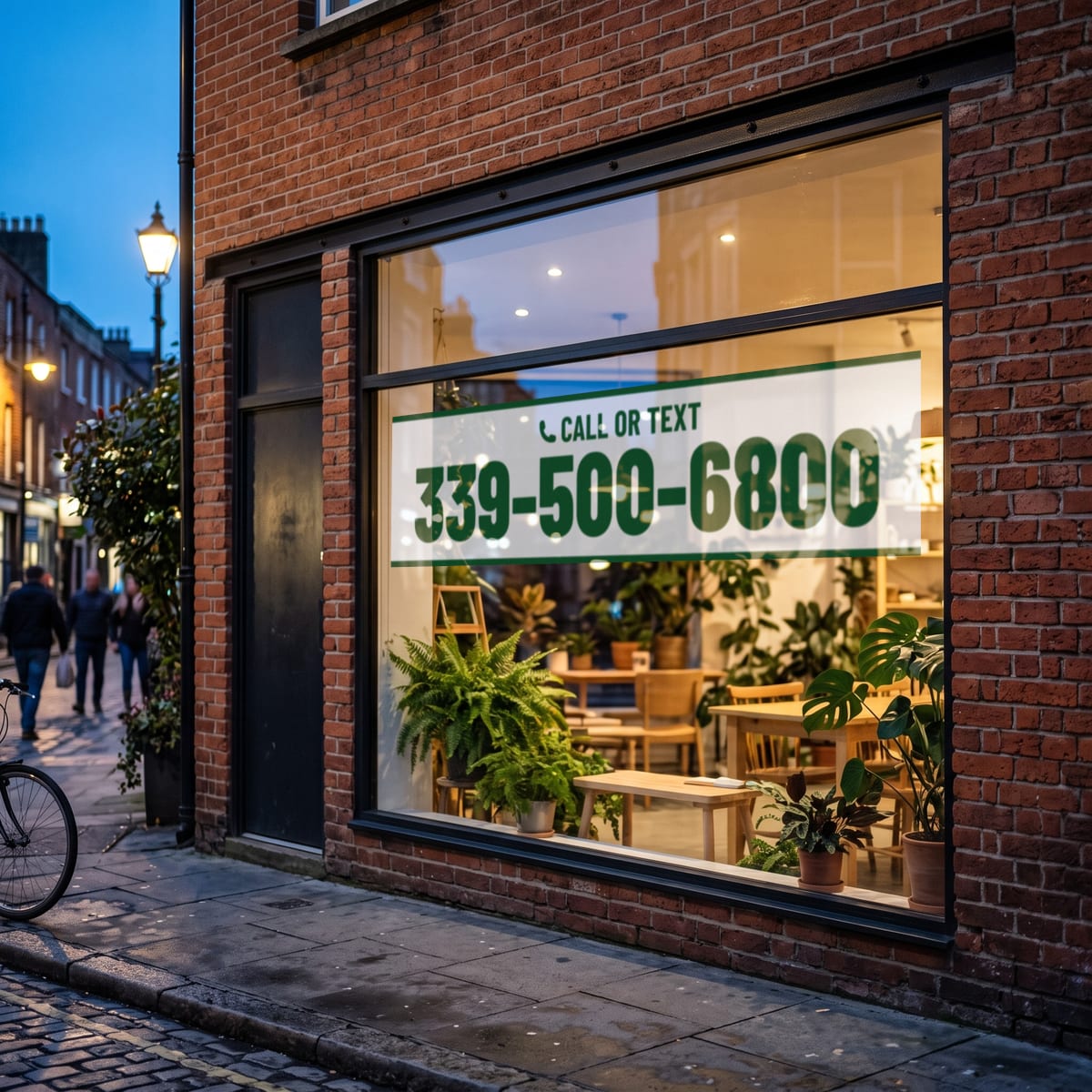 (339) 500-6800 on a shop window
