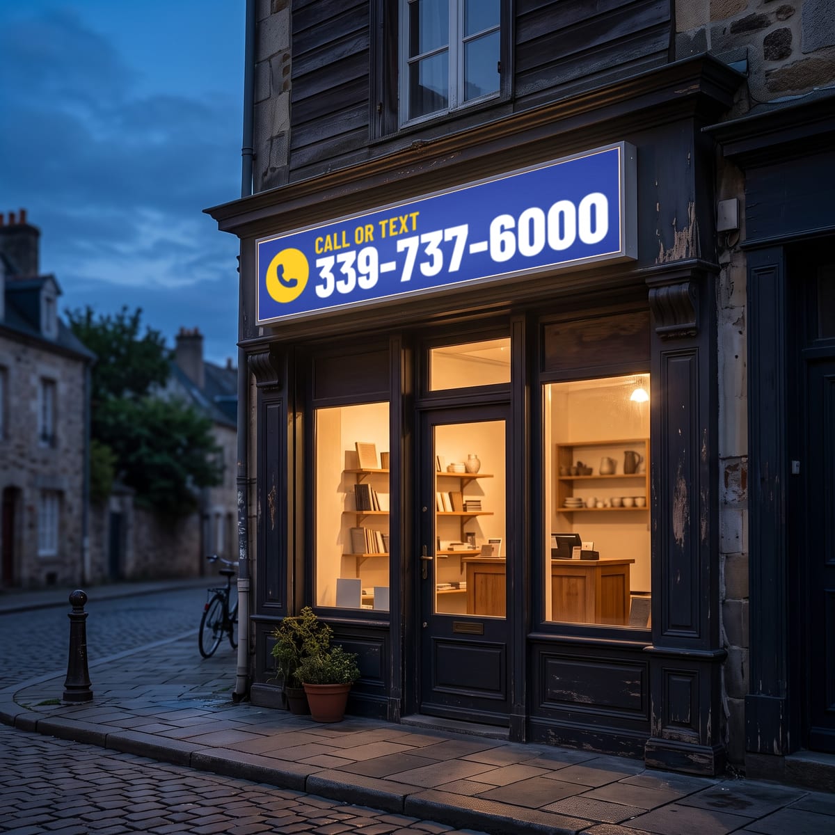 (339) 737-6000 on a lit shop sign