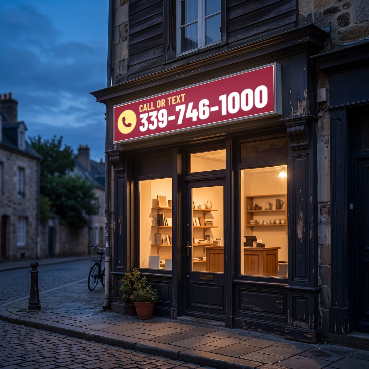 (339) 746-1000 on a lit shop sign
