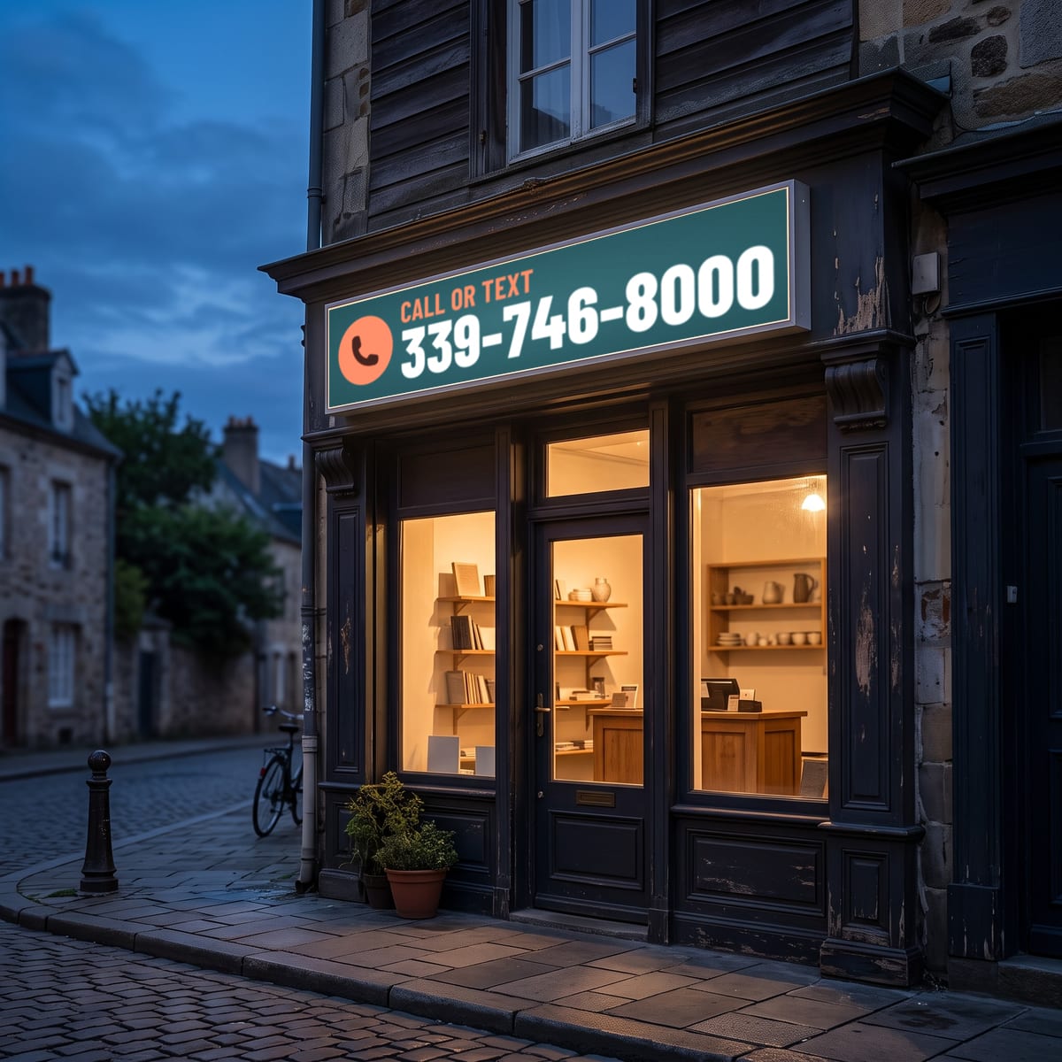 (339) 746-8000 on a lit shop sign