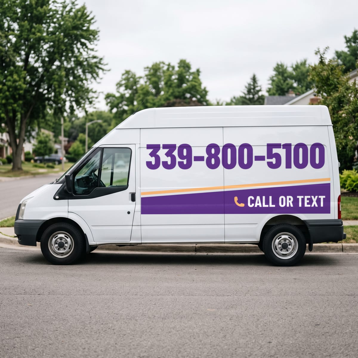 (339) 800-5100 painted on a work van