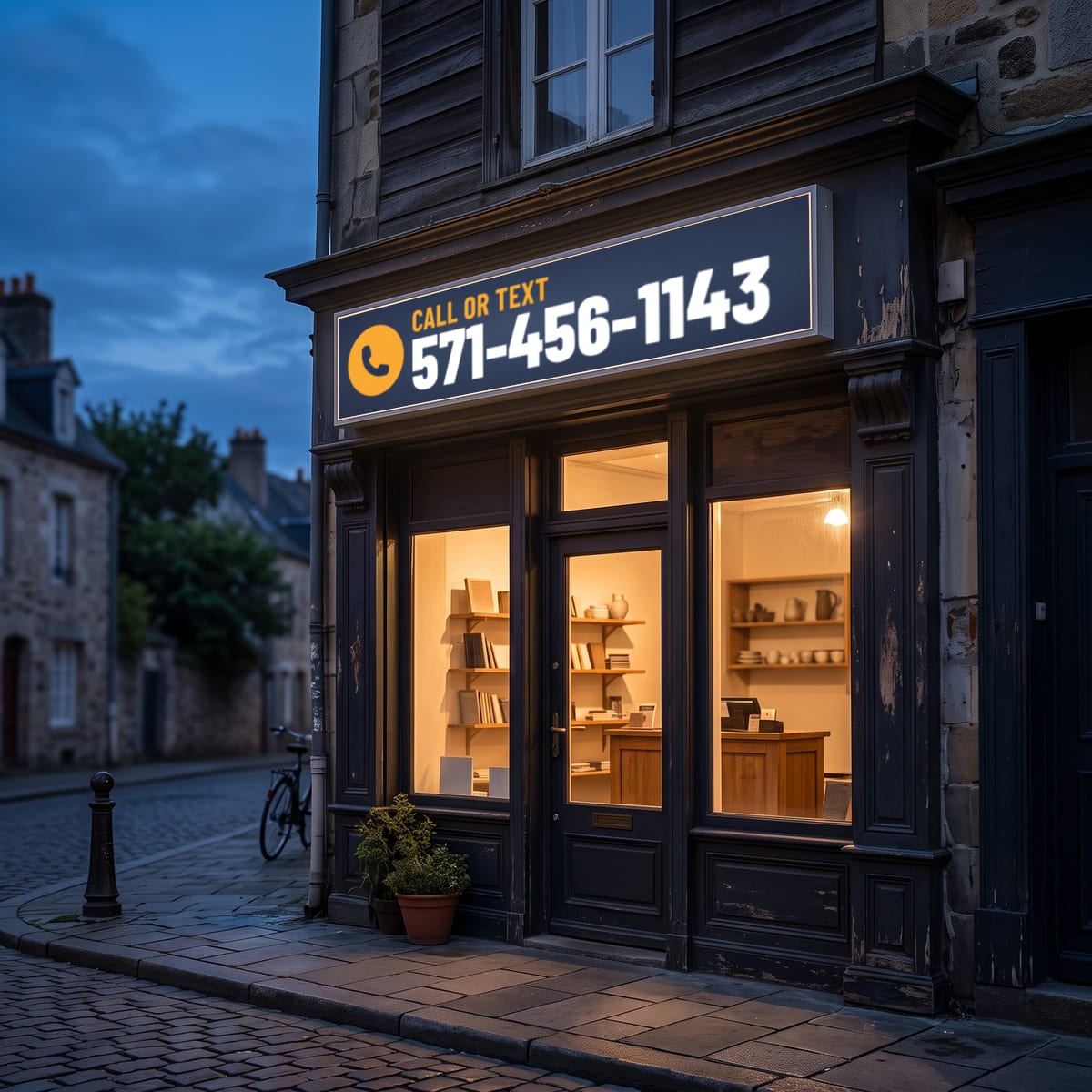 (571) 456-1143 on a lit shop sign