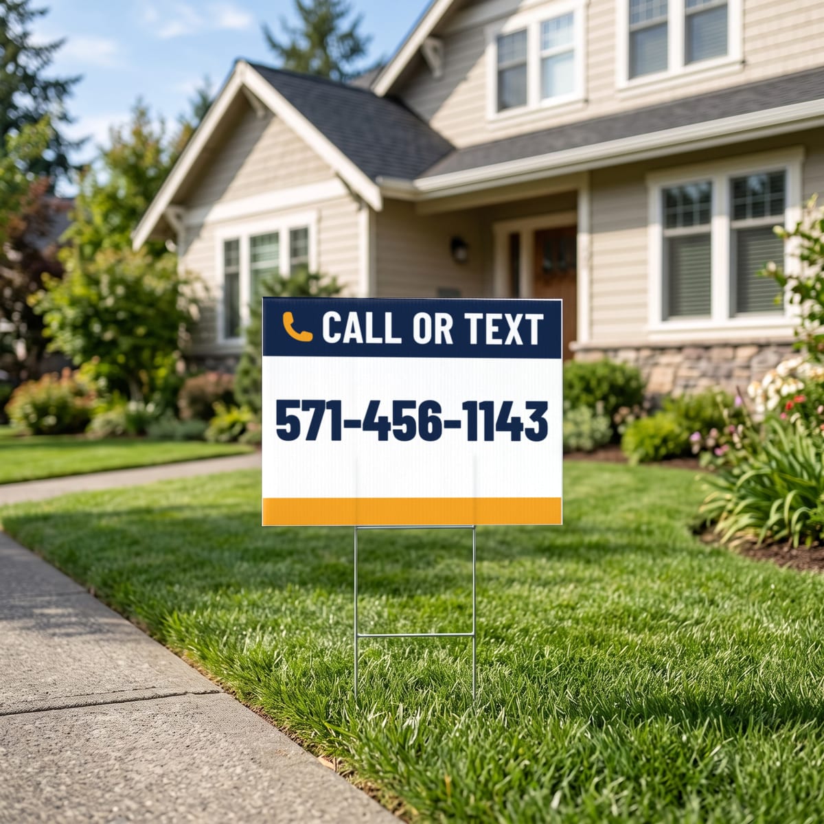 (571) 456-1143 on a yard sign