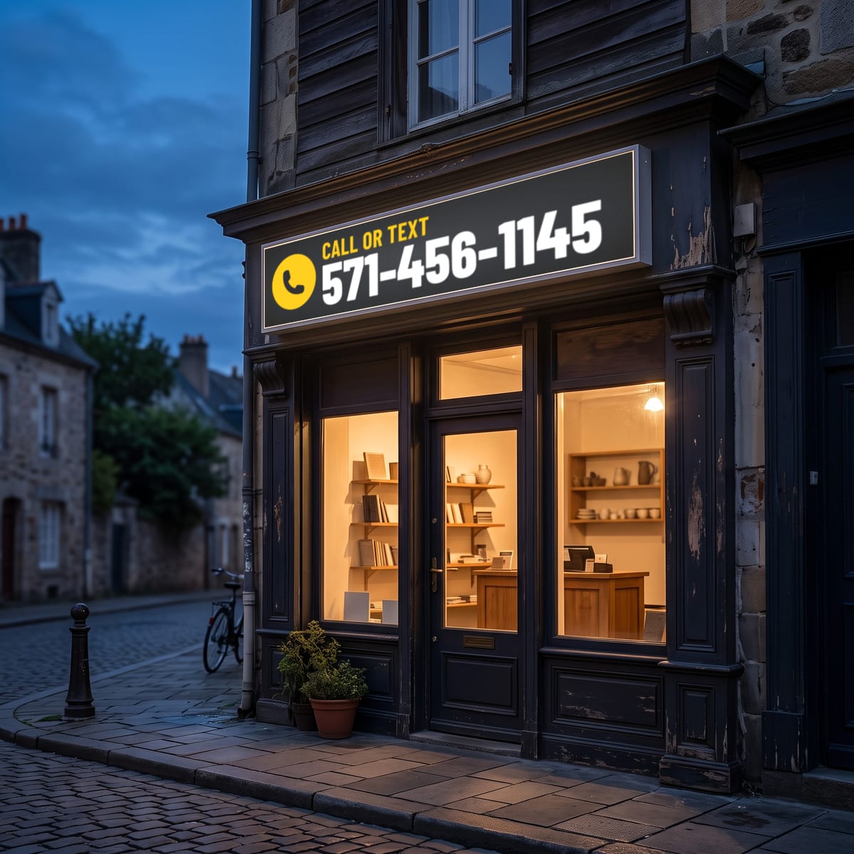 (571) 456-1145 on a lit shop sign