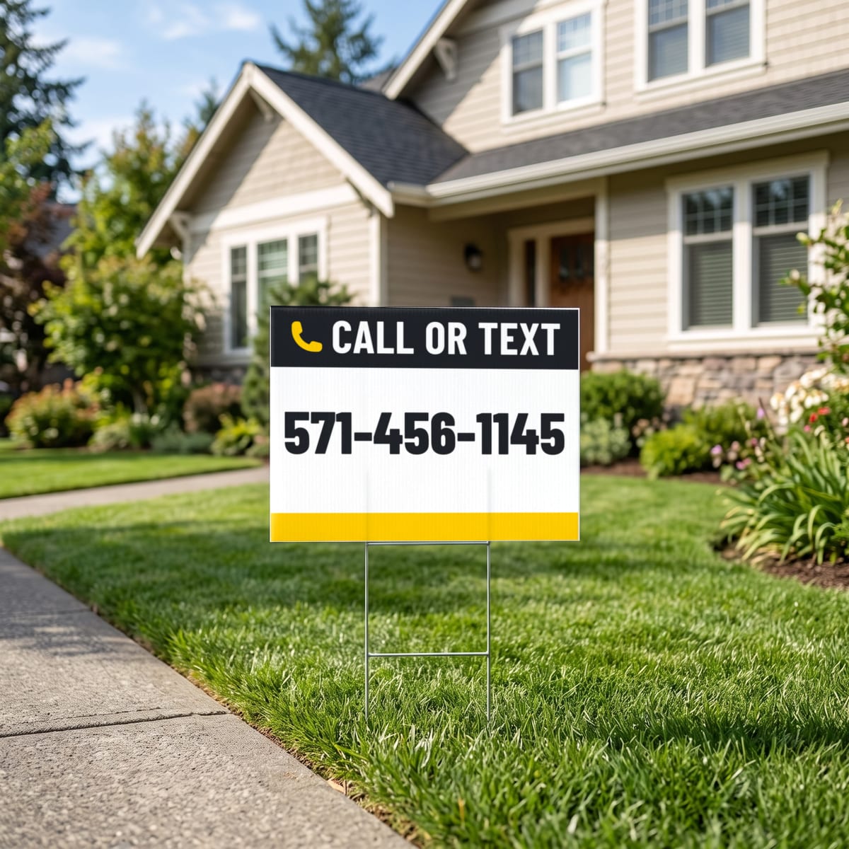 (571) 456-1145 on a yard sign