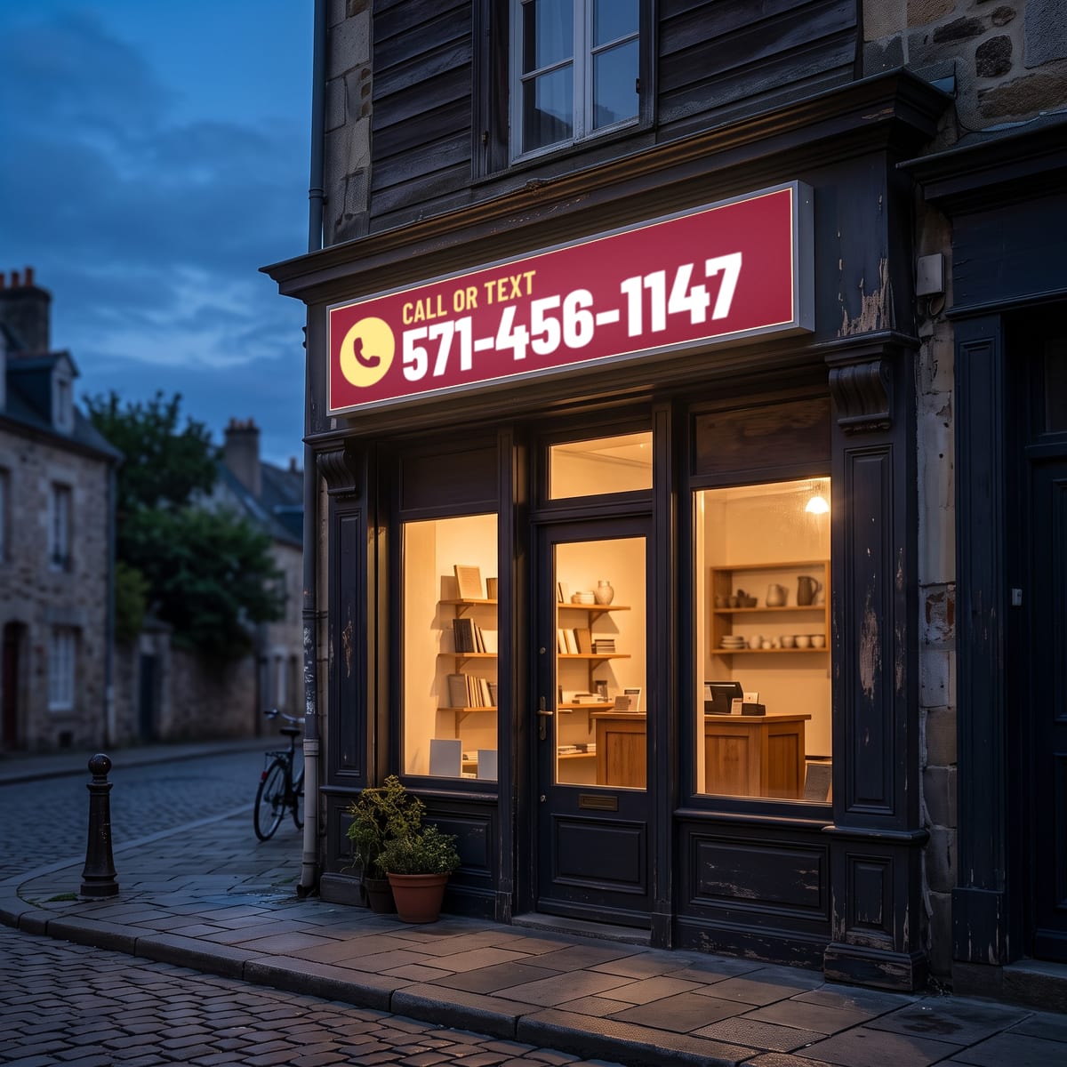 (571) 456-1147 on a lit shop sign