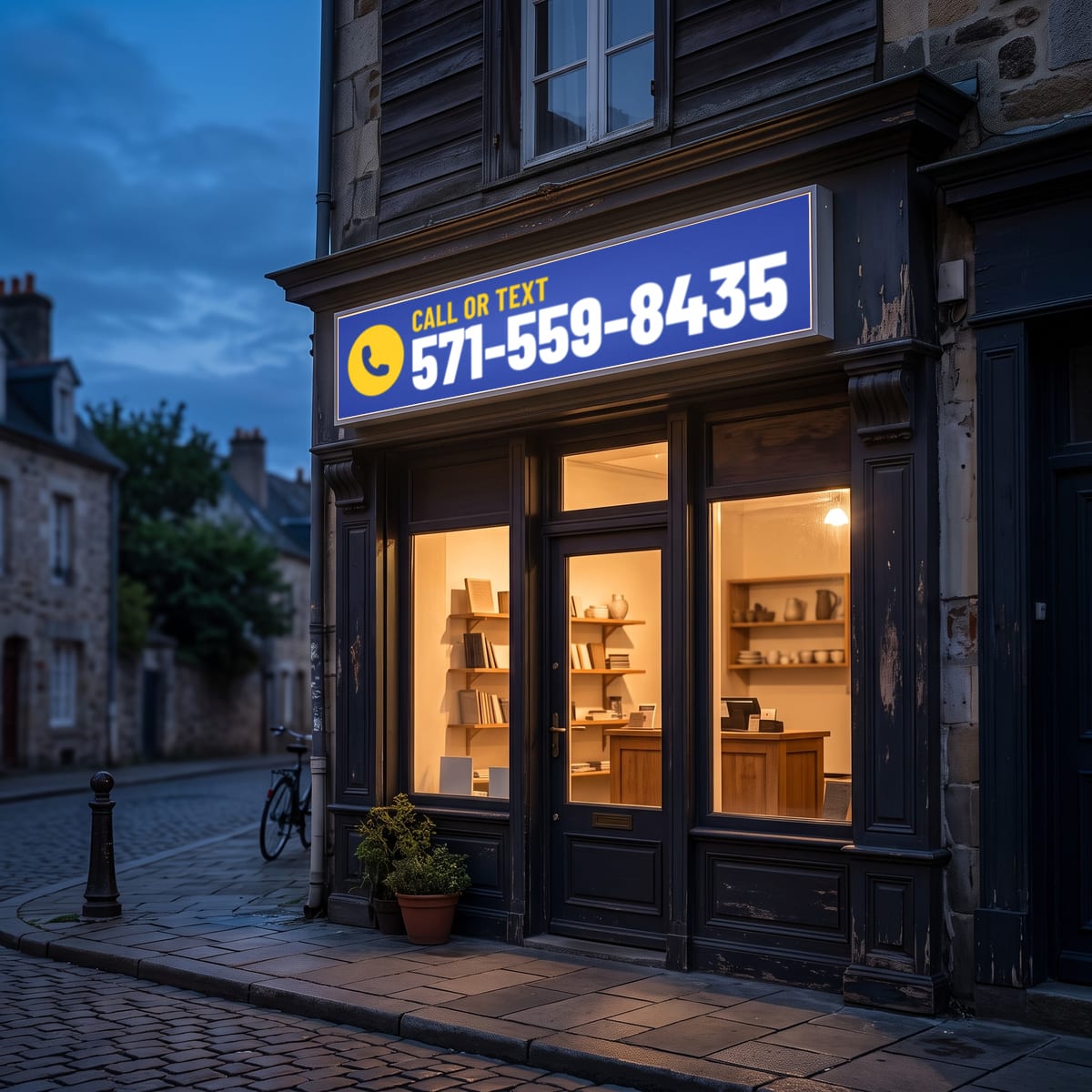 (571) 559-8435 on a lit shop sign