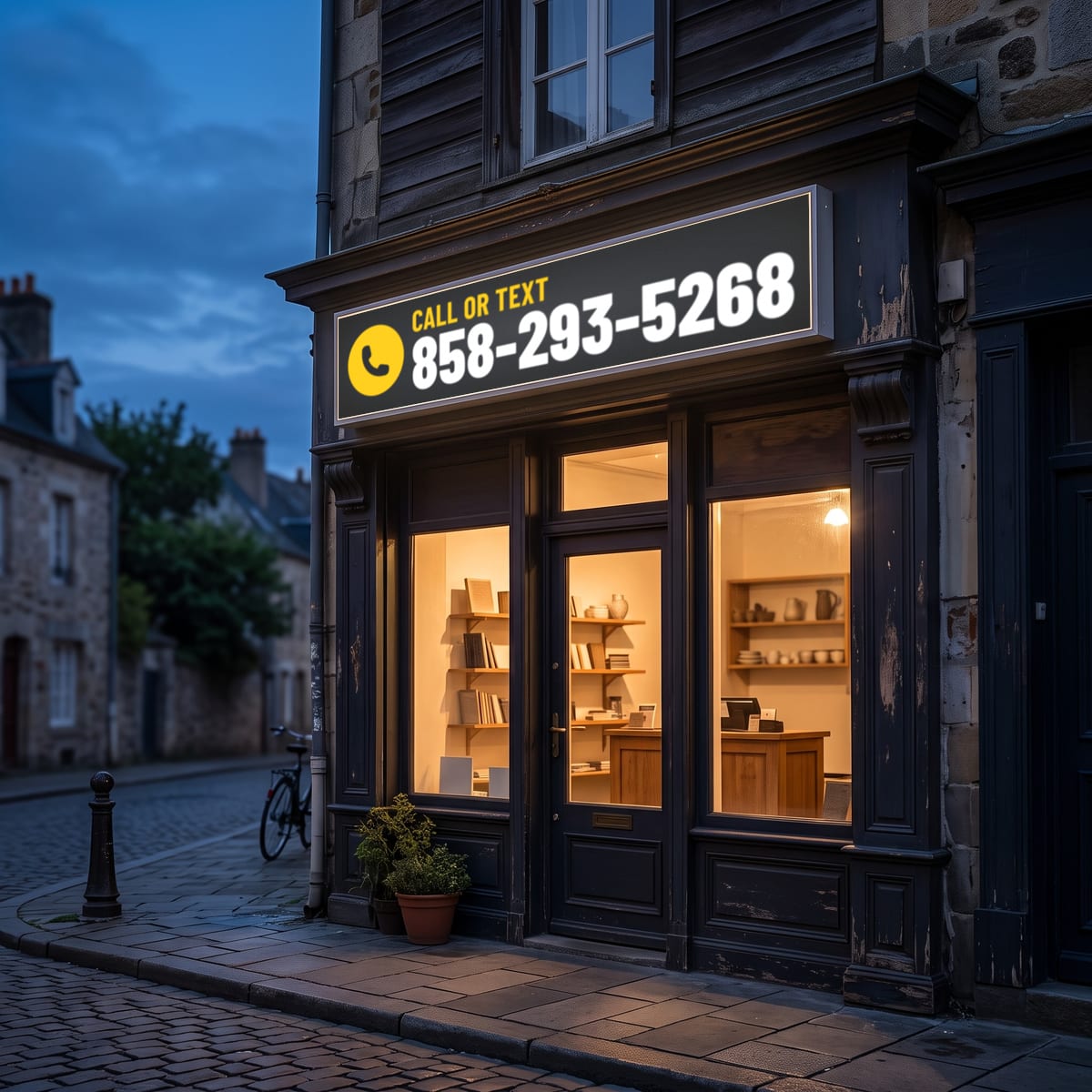 (858) 293-5268 on a lit shop sign
