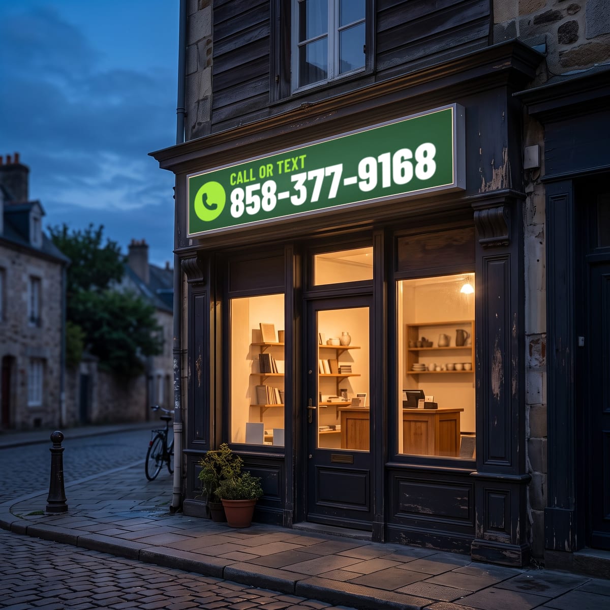 (858) 377-9168 on a lit shop sign