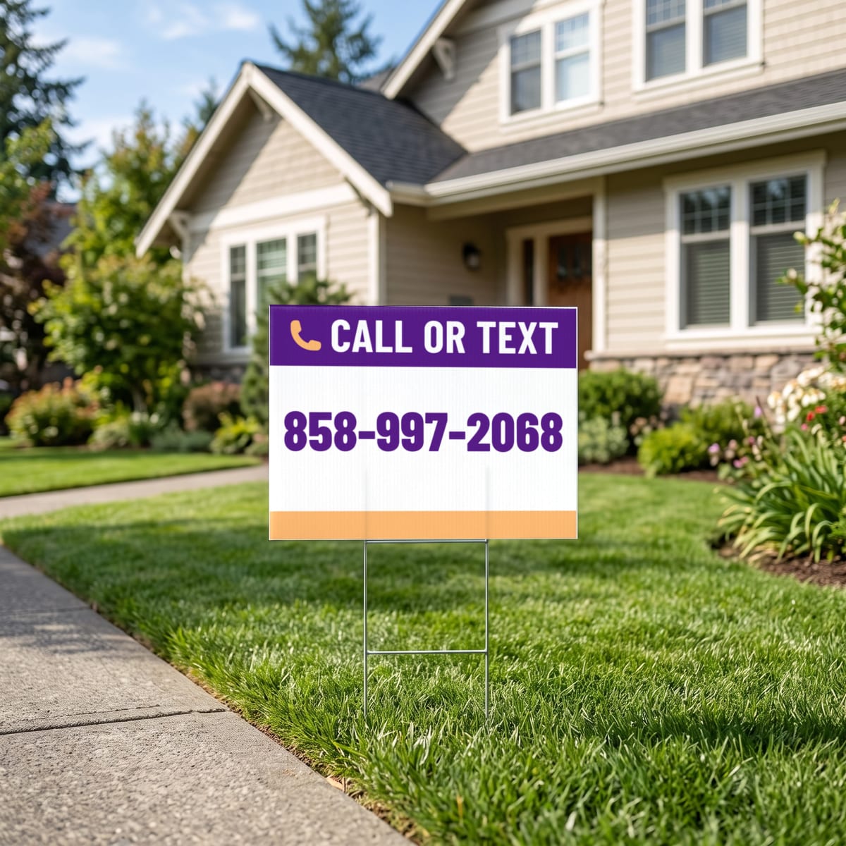 (858) 997-2068 on a yard sign